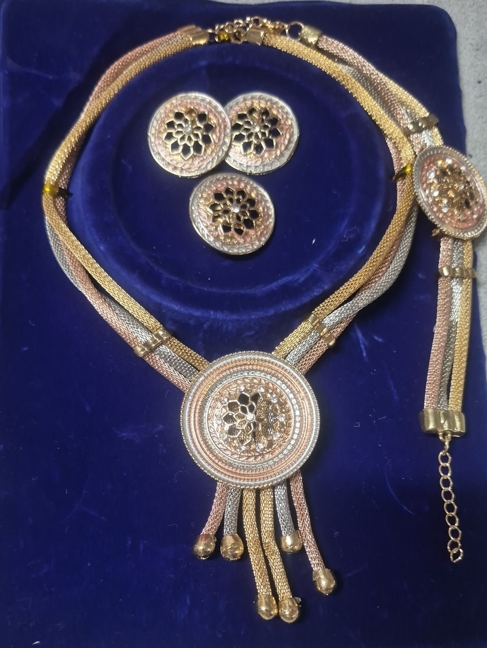 Tri-Tone Floral Medallion Necklace and Earring Set - Gold, Rose, Silver